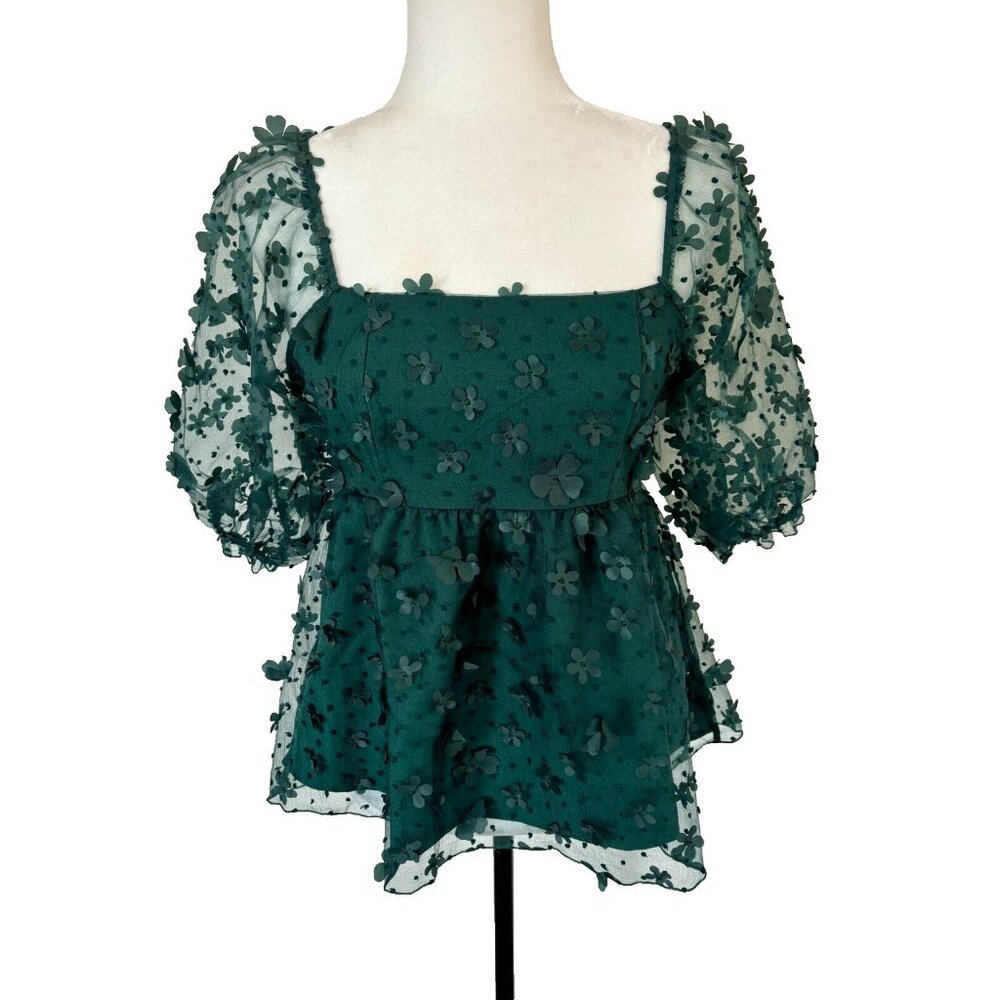 THIRTY THIRTY LA Short Sleeve Top Blouse Size Medium Green Flower Chiffon Lined